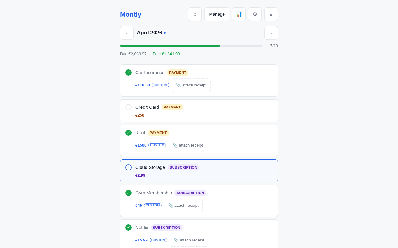 Montly task list — monthly overview with progress and amounts